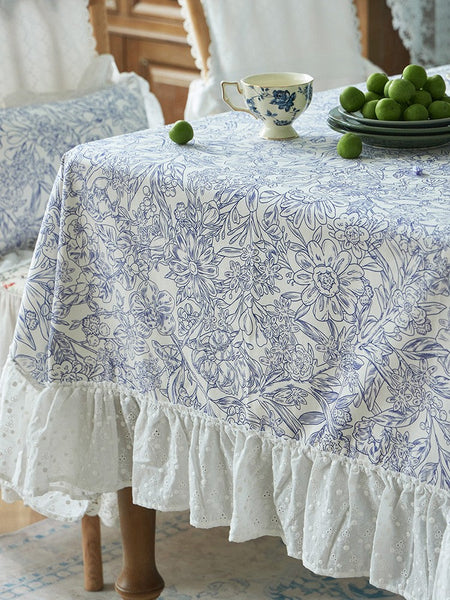 Cotton Rectangle Tablecloth for Dining Room Table, Natural Spring Farmhouse Table Cloth, Blue Flower Pattern Cotton Tablecloth, Square Tablecloth for Round Table-LargePaintingArt.com
