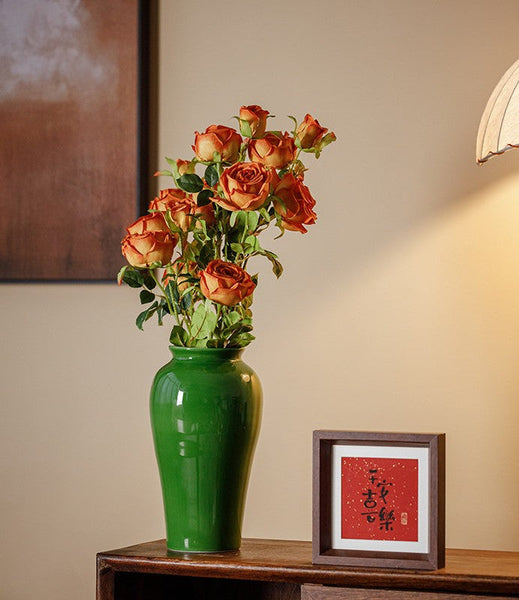 Handmade Water Holding Flower Vase, Centerpiece Ceramic Bud Vases, Green Porcelain Flower Vases, Vintage Flower Vases on Table-LargePaintingArt.com