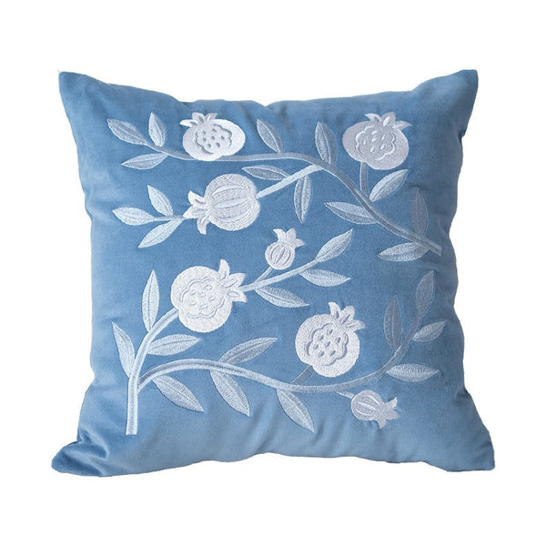 Large Decorative Pillows for Couch, Living Room Decorative Pillows, Blue Embroidered Pomegranate Cushion, Modern Throw Pillows for Bedroom, Decorative Pillow Arrangement Ideas for Couch-LargePaintingArt.com