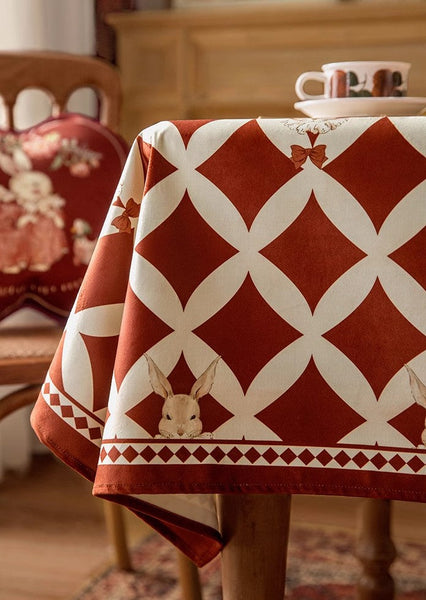 Holiday Red Tablecloth for Dining Table, Rabbit Pattern Table Cover for Dining Room Table, Modern Rectangle Tablecloth for Oval Table-LargePaintingArt.com