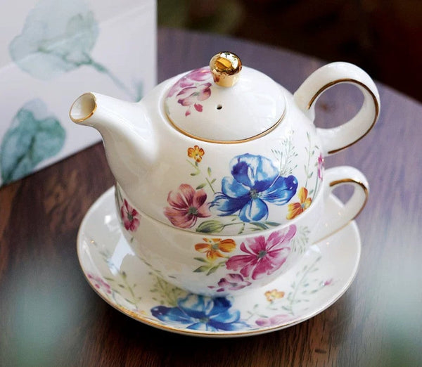 Ceramic Tea Pot with Integrated Cup, Stackable Teapot and Cup Set, Porcelain Teapot with Matching Cup and Saucer in Gift Box, Mother and Baby Teapot with Matching Saucer-LargePaintingArt.com