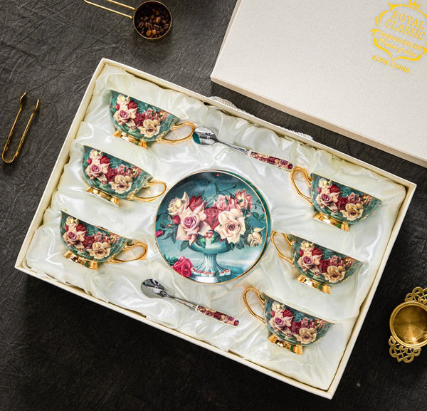 Large Rose Royal Ceramic Cups, Afternoon Porcelain Tea Cup Saucer Set, 6.8 oz Tea Cup and Saucer in Gift Box, Elegant Flower Ceramic Coffee Cups-LargePaintingArt.com