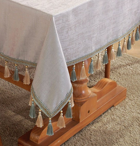 Gray Fringes Tablecloth for Home Decoration, Modern Rectangle Tablecloth, Large Simple Table Cloth for Dining Room Table, Square Tablecloth for Round Table-LargePaintingArt.com