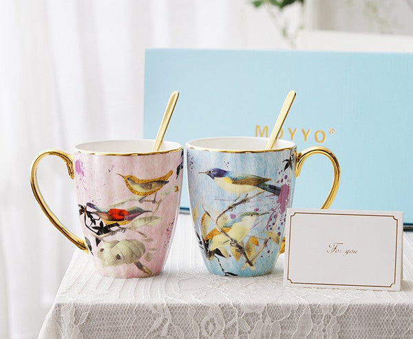 Elegant Ceramic Coffee Mug, Beautiful Bird Flower Ceramic Mug, Large Creative Porcelain Mug, Large Capacity Ceramic Mugs for Office-LargePaintingArt.com