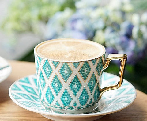 Afternoon Green British Tea Cups, Unique Ceramic Coffee Cups, Creative Bone China Porcelain Tea Cup Set, Traditional English Tea Cups and Saucers-LargePaintingArt.com