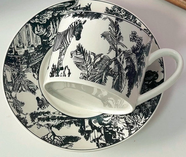 Royal Ceramic Cups, Elegant Ceramic Coffee Cups, 6.8 oz Tea Cup and Saucer in Gift Box, Zebra Jungle Porcelain Tea Cup Saucer Set-LargePaintingArt.com
