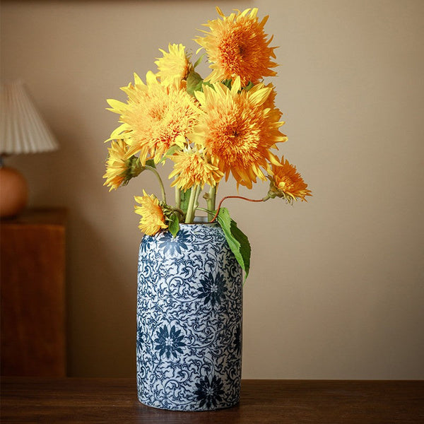 Centerpiece on Dining Table, Large Blue Flower Vase on Table, Vintage Bouquet Flower Vases, Handmade Porcelain Flower Vases Urn, Water Holding Flower Vases-LargePaintingArt.com