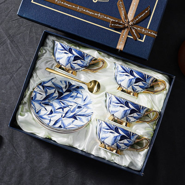 Unique British Tea Cup and Saucer in Gift Box, Blue Porcelain Tea Cup Saucer Set, 7.4 oz British Ceramic Coffee Cups-LargePaintingArt.com