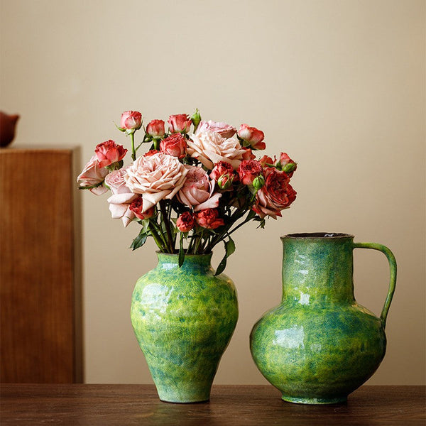 Modern Pottery Flower Vases, Handmade Water Holding Flower Vases, Pottery Bud Vases, Large Green Flower Vases on Table, Centerpiece on Dining Table-LargePaintingArt.com