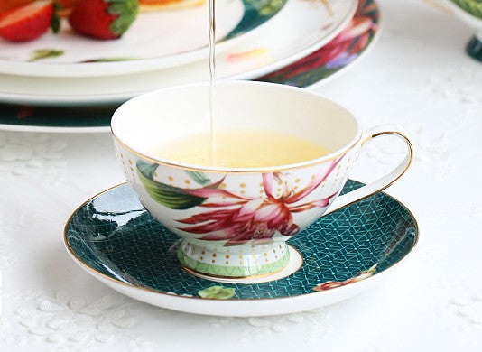 Lotus Flower Porcelain Tea Cup Saucer Set, Elegant Ceramic Coffee Cups, Beautiful British Tea Cups, Traditional English Tea Cup and Saucer-LargePaintingArt.com