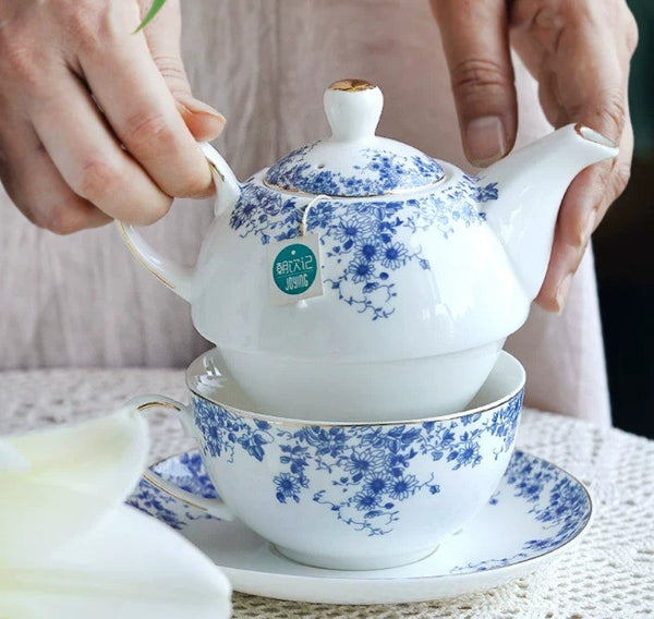 Mother and Baby Teapot with Matching Saucer British Style Porcelain Teapot with Matching Cup and Saucer in Gift Box, Ceramic Tea Pot with Integrated Cup, Stackable Teapot and Cup Set-LargePaintingArt.com