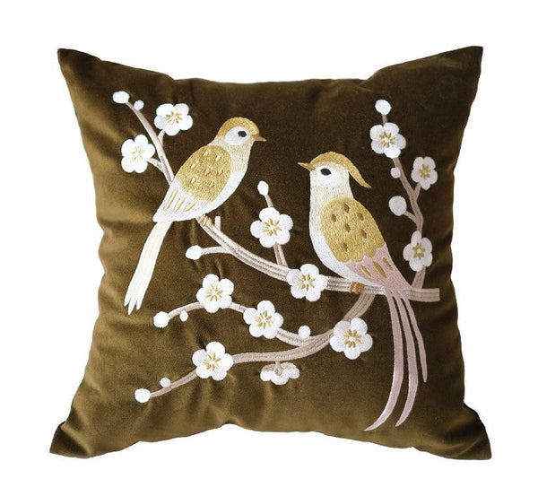 Embroidered birds cushion, Decorative Pillows for Couch, Vintage Decorative Pillows, Modern Throw Pillows for Bedroom, Decorative Pillow Arrangement Ideas for Couch-LargePaintingArt.com