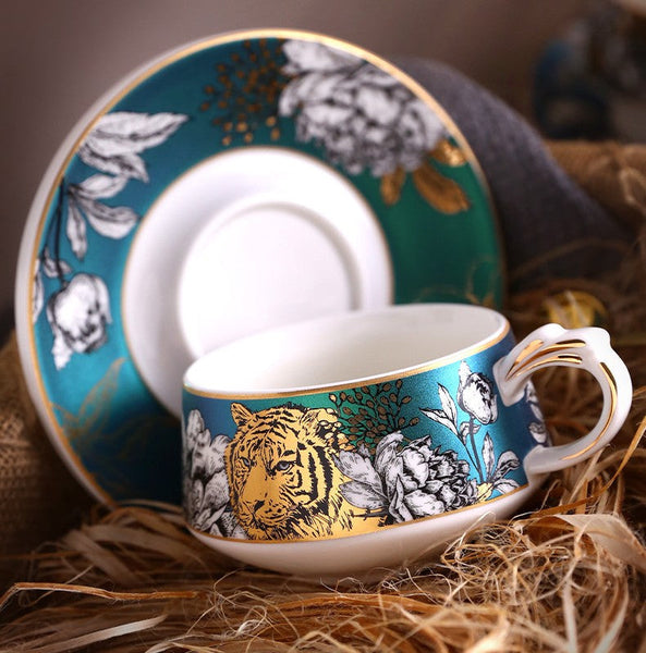 Handmade Ceramic Cups with Gold Trim and Gift Box, Jungle Tiger Cheetah Porcelain Coffee Cups, Creative Ceramic Tea Cup and Saucer-LargePaintingArt.com