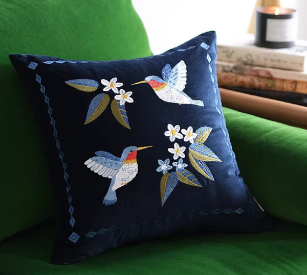 Large Modern Throw Pillows, Decorative Pillow Arrangement Ideas for Couch, Vintage Decorative Pillows, Embroidered Birds Cushion, Decorative Pillows for Couch-LargePaintingArt.com