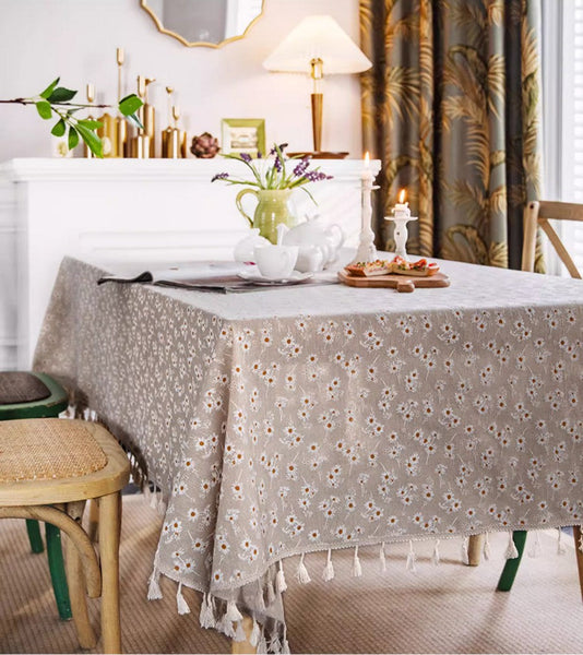 Rustic Flower Pattern Table Covers for Kitchen, Large Rectangle Tablecloth for Dining Room Table, Linen Rectangular Tablecloth for Oval Table, Country Farmhouse Tablecloth-LargePaintingArt.com