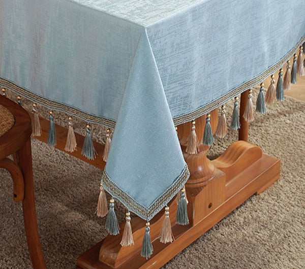 Light Blue Fringes Tablecloth for Home Decoration, Square Tablecloth for Round Table, Modern Rectangle Tablecloth, Large Simple Table Cloth for Dining Room Table-LargePaintingArt.com