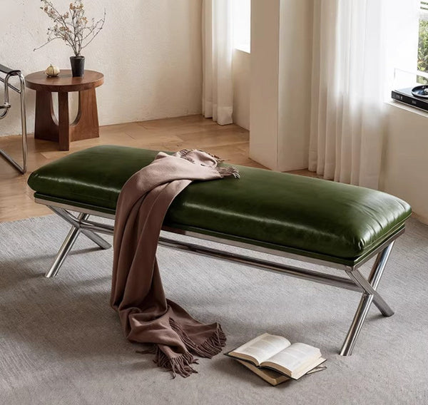Luxury Genuine Leather Entry Bench, Upholstered Shoe Bench, Contemporay Bedroom Bench, Narrow Entryway Bench, Modern Shoe Changing Ottoman, Mid-Century Hall Bench-LargePaintingArt.com