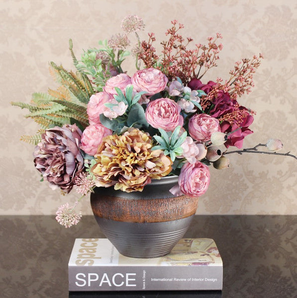 Beautiful Artificial Floral Arrangement for Bedroom, Large Bunch of Peony Flowers Arrangement, Real Touch Faux Silk Floral Bouquet Table Centerpiece-LargePaintingArt.com
