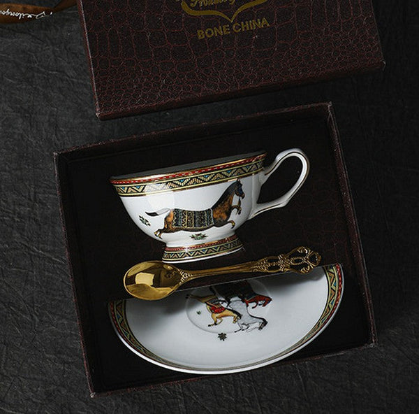 Elegant British Horse Pattern Coffee Cup with Saucer, 7.4 oz Ceramic Tea Cup and Saucer in Gift Box, Porcelain Tea Cup and Saucer Set-LargePaintingArt.com