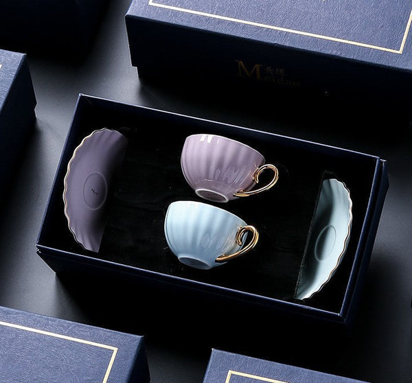 Beautiful British Tea Cups, Creative Porcelain Tea Cup Saucer Set of 2 Cups, Elegant Macaroon Ceramic Coffee Cups, 6.8 oz Tea Cup and Saucer in Gift Box as Birthday Gift-LargePaintingArt.com