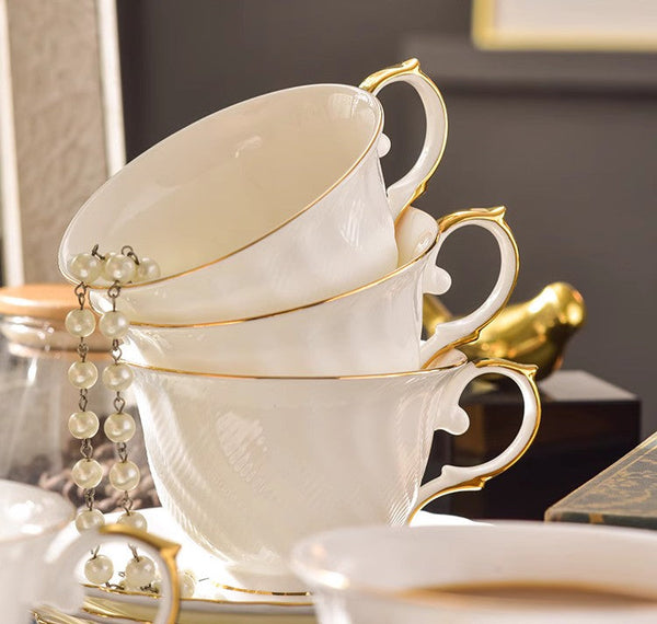 White Porcelain Tea Cup Saucer Set, 8 oz British Tea Cup and Saucer in Gift Box, Unique British Ceramic Coffee Cups for Traditional Afternoon Tea-LargePaintingArt.com