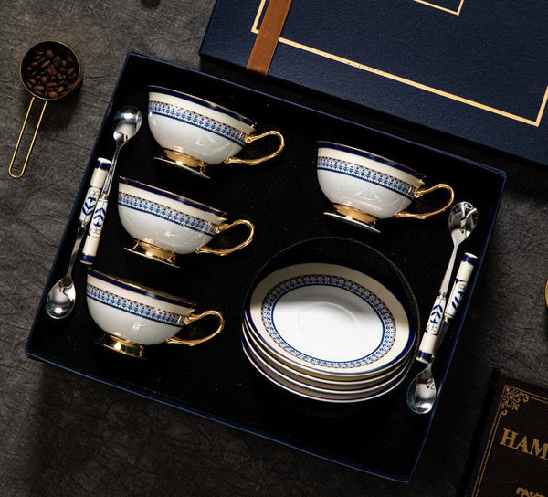 Blue Porcelain Tea Cup Saucer Set, Elegant British Ceramic Coffee Cups, Unique British Tea Cup and Saucer in Gift Box-LargePaintingArt.com