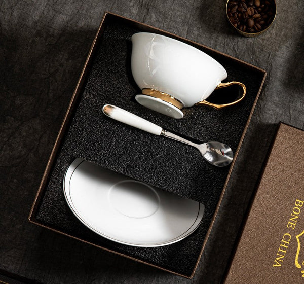 White Ceramic Cups, Elegant British Ceramic Coffee Cups, 7.8 oz Porcelain Tea Cup Saucer Set, Unique Tea Cup and Saucer in Gift Box-LargePaintingArt.com