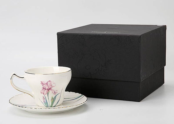 Iris Flower British Tea Cups, Beautiful Bone China Porcelain Tea Cup Set, Traditional English Tea Cups and Saucers, Unique Ceramic Coffee Cups in Gift Box-LargePaintingArt.com