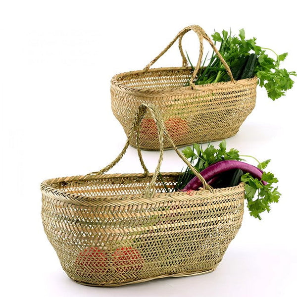 Picnic Food Basket with Handle, Large Natural Hand-woven Bamboo Basket, Lovely Bamboo Baskets for Vegetable, Natural Fruit Basket Kitchen Storage Baskets-LargePaintingArt.com