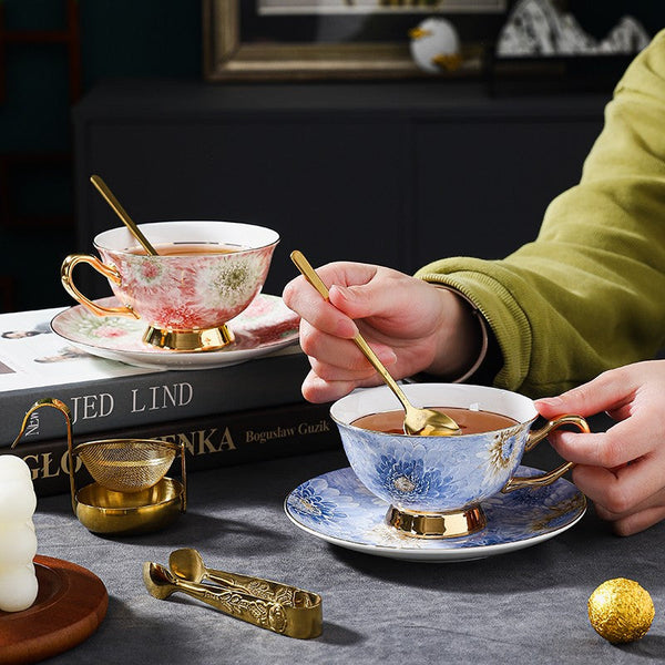 Blue and Pink Beautiful British Tea Cups, 8 oz Ceramic Coffee Cups, Creative Porcelain Tea Cup Saucer Set, Unique Tea Cup and Saucer in Gift Box-LargePaintingArt.com