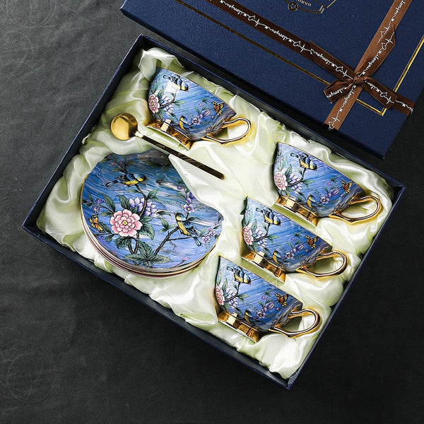 Unique British Tea Cup and Saucer in Gift Box, Blue Bird and Butterfly Porcelain Tea Cup Saucer Set, 7.4 oz British Ceramic Coffee Cups-LargePaintingArt.com