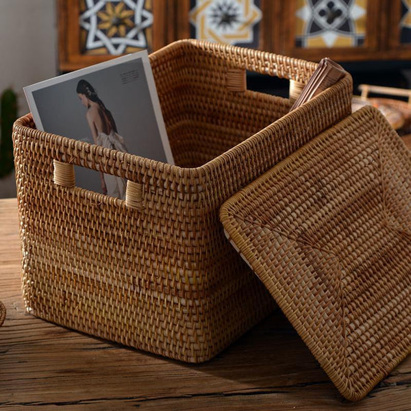 Rectangular Storage Basket with Lid, Rattan Storage Basket for Shelves, Extra Large Storage Baskets for Bedroom, Storage Baskets for Clothes-LargePaintingArt.com