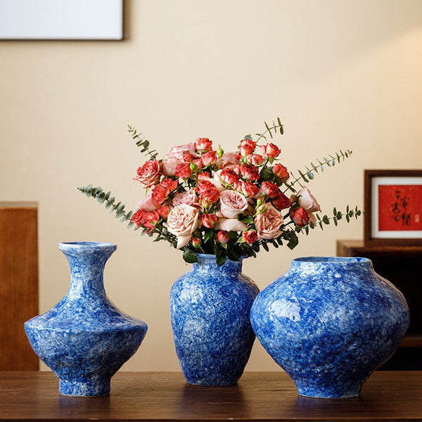 Handmade Water Holding Flower Vases, Centerpiece on Dining Table, Blue Pottery Bud Vases, Large Flower Vases on Table, Modern Pottery Flower Vases-LargePaintingArt.com
