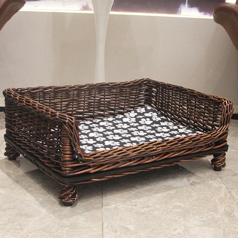Large Natural Wicker Dog Bed with Washable Cushion for Indoor Cats and Dogs, Hand Woven Rattan Cat Beds