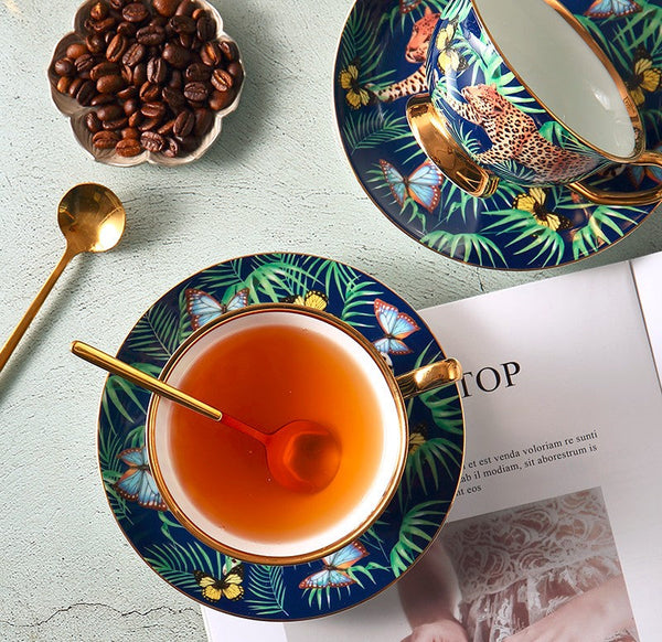 Creative Leopard Ceramic Coffee Cups, 6.8 oz Tea Cup and Saucer in Gift Box as Birthday Gift, Beautiful British Tea Cups, Creative Porcelain Tea Cup Set-LargePaintingArt.com