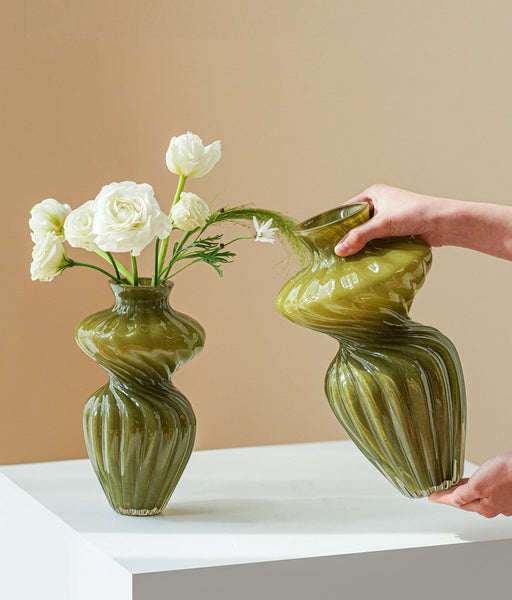 Handmade Contemporary Glass Vases, Modern Green Vases for Living Room, Mid Century Vases for Flowers, Unique Decorative Glass Vase, Centerpiece Vases on Table-LargePaintingArt.com
