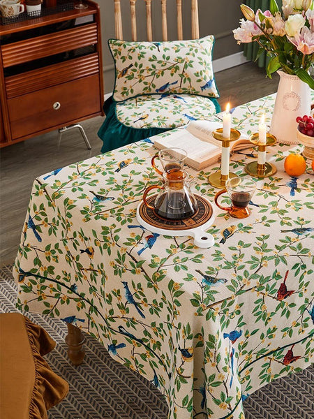 Bird Flower Pattern Farmhouse Table Cloth, Large Modern Rectangle Tablecloth for Dining Room Table, Square Tablecloth for Round Table-LargePaintingArt.com