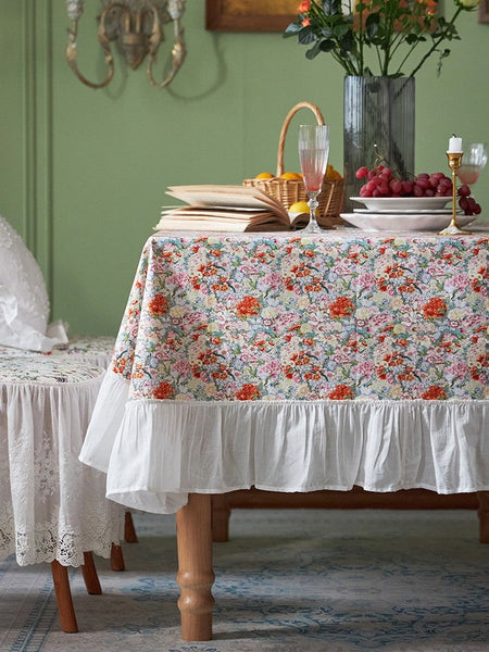 Extra Large Rectangle Tablecloth for Dining Room Table, Natural Spring Flower Farmhouse Table Cloth, Flower Pattern Cotton Tablecloth, Square Tablecloth for Round Table-LargePaintingArt.com