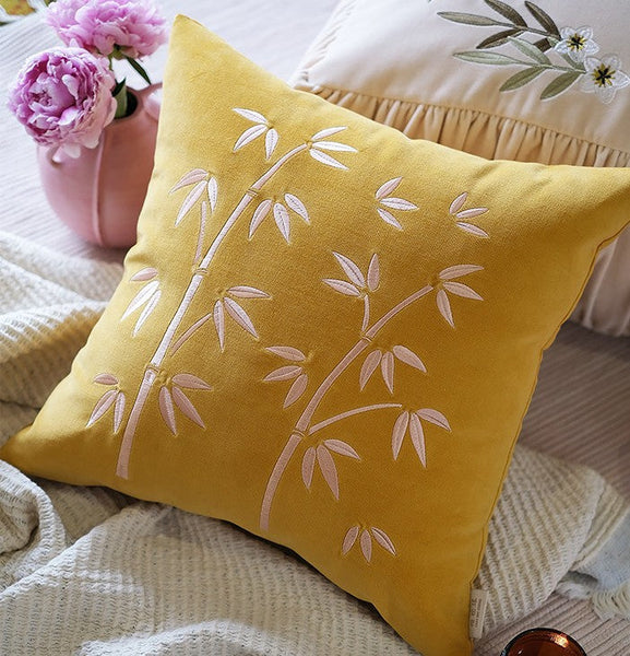 Large Decorative Pillows for Couch, Modern Throw Pillows for Bedroom, Living Room Decorative Pillows, Yellow Embroidered Bamboo Cushion, Decorative Pillow Arrangement Ideas for Couch-LargePaintingArt.com