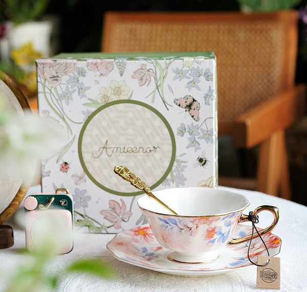 Flower Bone China Porcelain Tea Cup Set, Unique Tea Cup and Saucer in Gift Box,British Royal Ceramic Cups for Afternoon Tea, Elegant Ceramic Coffee Cups-LargePaintingArt.com