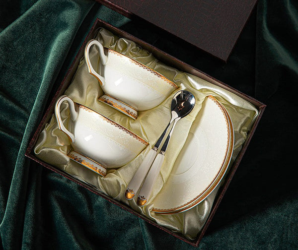 Elegant British Ceramic Coffee Cups, 7.8 oz Porcelain Coffee Cup Set, White Ceramic Cups, Unique Tea Cup and Saucer in Gift Box-LargePaintingArt.com