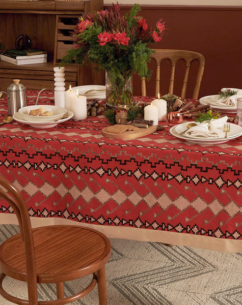 Red Christmas Holiday Tablecloth for Oval Table, Large Modern Rectangle Tablecloth for Dining Room Table, Square Table Covers for Kitchen, Farmhouse Table Cloth for Round Table-LargePaintingArt.com
