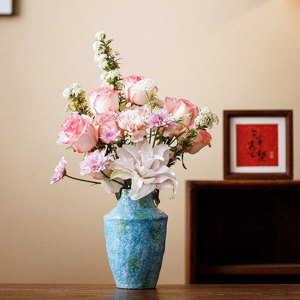 Centerpiece on Dining Table, Blue Flower Vase on Table, Handmade Water Holding Flower Vases, Pottery Flower Vases, Modern Bouquet Flower Vases-LargePaintingArt.com