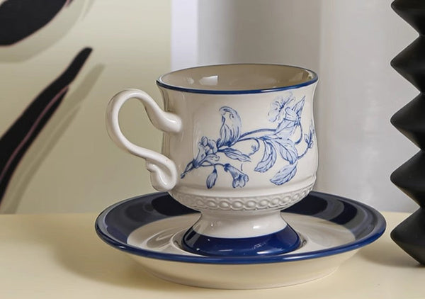 Creative Blue Coffee Cup and Saucer, 8 oz Ceramic Cups for Traditional Afternoon Tea, Creative Porcelain Tea Cup Saucer Set, Beautiful British Tea Cups-LargePaintingArt.com