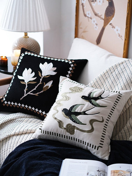 Luxury Decorative Pillows for Couch, Modern Throw Pillows for Couch, Vintage Decorative Pillows, Embroidered Swallow Birds Cushion, Decorative Pillow Arrangement Ideas for Bed-LargePaintingArt.com
