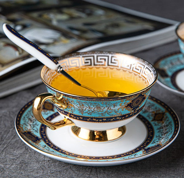 Unique Tea Cup and Saucer in Gift Box, Elegant British Ceramic Coffee Cups, Bone China Porcelain Tea Cup Set for Office-LargePaintingArt.com