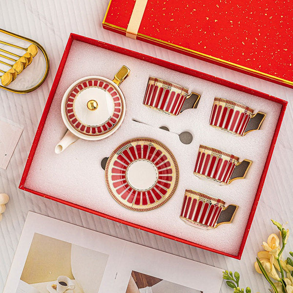 Beautiful Porcelain Tea Cup and Saucer Set of 4 cups, 7.4 oz Red Tea Cup and Saucer Set with Teapot in Gift Box, Modern Ceramic Coffee Cups-LargePaintingArt.com