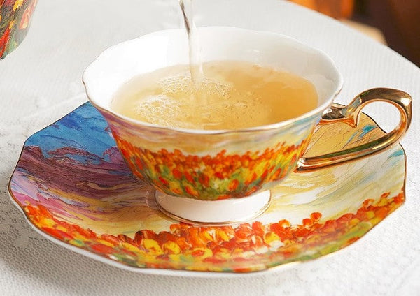 Elegant Ceramic Coffee Cups, Flower Field Vintage Bone China Porcelain Tea Cup Set, Unique British Tea Cup and Saucer in Gift Box, Royal Ceramic Cups-LargePaintingArt.com