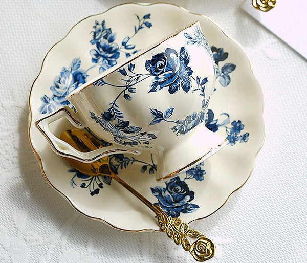 Elegant Vintage Ceramic Coffee Cups for Traditional Afternoon Tea, Royal Ceramic Cups, French Style China Porcelain Tea Cup Saucer Set, 6.8 oz Tea Cup and Saucers-LargePaintingArt.com