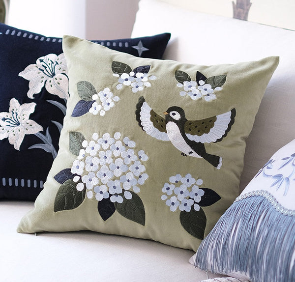 Decorative Pillow Arrangement Ideas for Couch, Living Room Decorative Pillows, Embroidered Swallow Birds Cushion, Large Decorative Pillows for Couch, Modern Throw Pillows for Bedroom-LargePaintingArt.com
